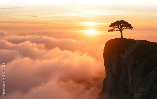 Majestic tree silhouetted on a cliff edge overlooking a sea of clouds at sunset