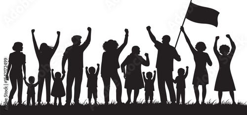 Silhouette of a diverse group demonstrating with raised fists and a waving flag in solidarity