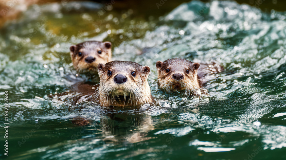 Fototapeta premium Mother otter with cubs swim in the water along the shore. Cubs stay close to their mother. Family of otters.Wildlife. Selective focus. AI generated.