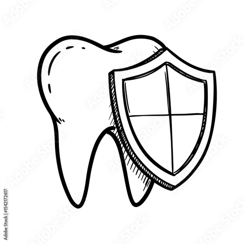 Tooth icon with shield in sketch style for dental protection concept