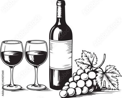 Elegant Wine Still Life Grapes, Bottle, and Glasses