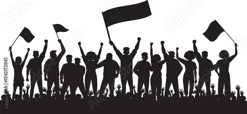 Silhouette of a diverse group of people protesting with flags raised in solidarity