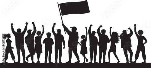 Silhouette of a diverse group of people protesting with a raised flag and fists