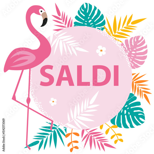 Saldi con cornice estiva e fenicottero rosa