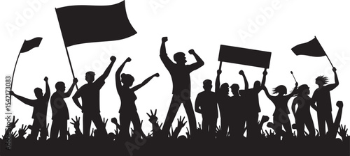 Silhouette of a diverse group of protestors marching with flags and signs showing solidarity