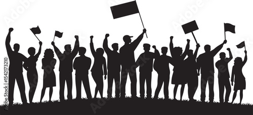 Silhouette of a protest group raising fists and holding flags demonstrating solidarity
