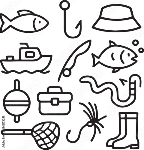Fishing Icon Set – Rod, Hook, Lure, Bobber, Bucket, Fish, Net, Tackle Box, Line Spool, Angler, Vest – Minimalist Black Silhouettes for Outdoor Lifestyle Graphics