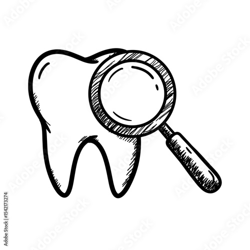 Tooth icon with magnifying glass in sketch style for dental inspection concept