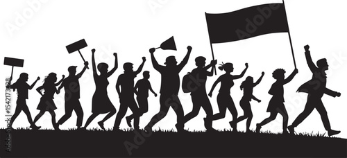 Silhouette of a protest march with flags and signs depicting activism and advocacy
