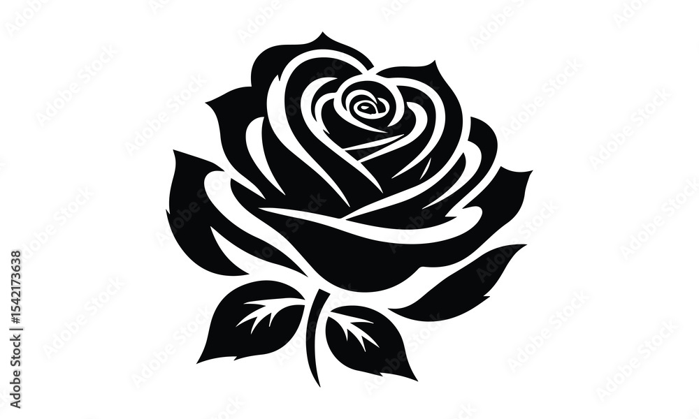 Silhouette Rose, Elegant Rose Silhouette Isolated on White Background Silhouette Rose, Elegant Rose Silhouette Isolated on White Background