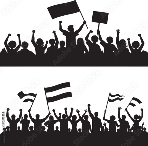 Silhouetted crowd protesting or demonstrating with flags and raised hands against a cause