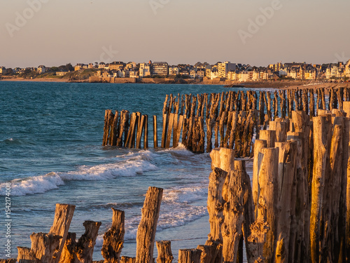 Photo of weathered wooden breakwaters along the Sillon beach in Saint-Malo, France, lit by warm sunset light. Waves, sea and coastal town in the background.