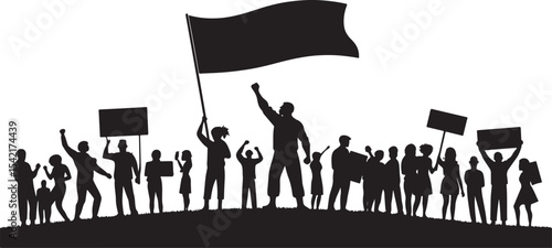  Silhouetted group of people protesting with banners and flag against a cause