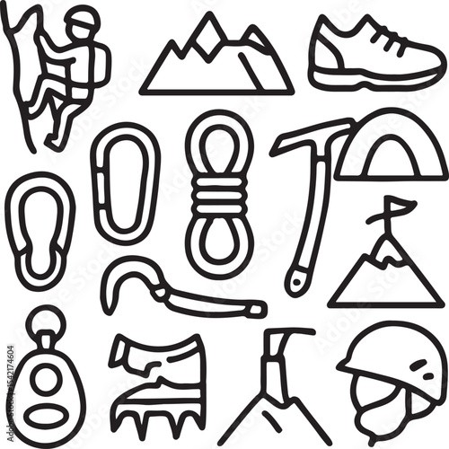 Camping & Trek Icons – Tent, Fire, Sleeping Bag, Knot, Map, Boot, Water Bottle, Mountains, Hiker – Clean Silhouettes for Nature Journey and Wilderness Graphics
