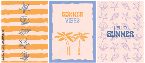set of summer holiday banners. bright retro summer posters with stripes, shells and palm trees.