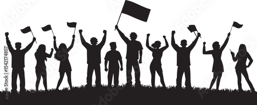 Silhouetted group of people rallying together with flags showing support or protest