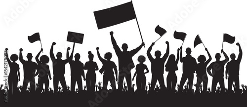 Silhouetted protestors marching with flags and signs for social justice and equality