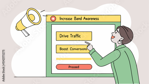 Woman interacting with a digital interface featuring marketing options and a megaphone icon nearby it