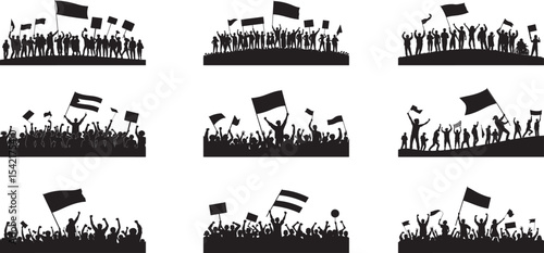 Silhouettes of protestors demonstrating with flags and signs in a rally or march