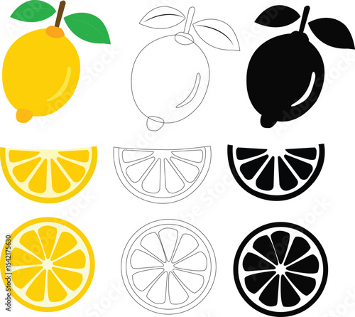 Fresh lemon fruits collection of vector icon illustrations on white background