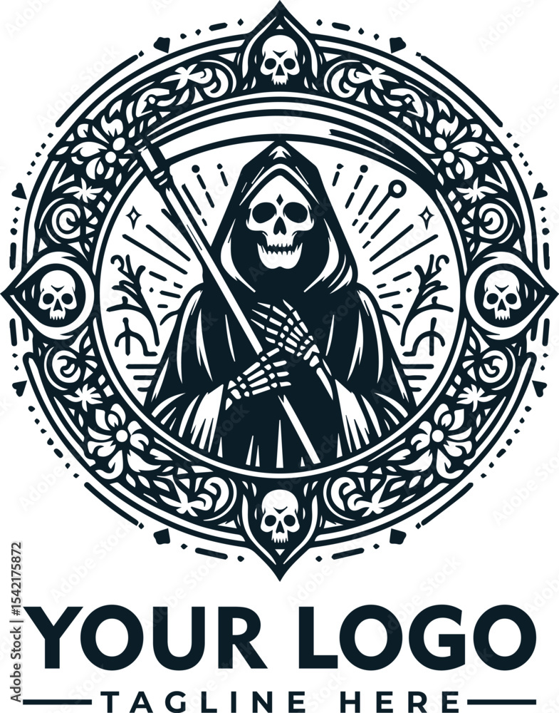 Grim Reaper logo design, ornate frame, skulls, scythe, monochrome. Grim Reaper logo design, ornate frame, skulls, scythe, monochrome.