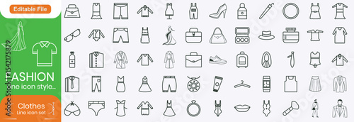 Set of line icons related to fashion, sewing, and clothing. Outline icon collection. clothes and cloth elements - minimal thin line web icon set. Outline editable icons collection. Dress,polo t-shirt