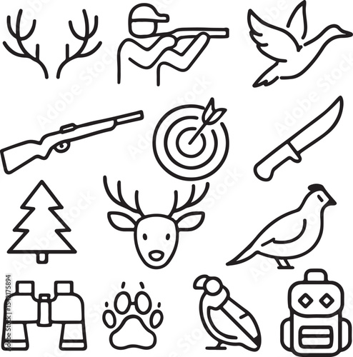 Hunting & Nature Explorer Icons – Rifle, Bird, Antlers, Backpack, Knife, Binoculars, Deer Head, Tree, Target, Paw Print – Clean Silhouettes for Outdoor Travel and Wildlife Graphics
