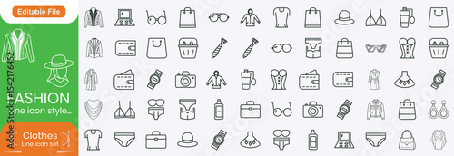 Fashion Line Editable Icons set. Containing T-shirt, shirt, dress, shoe, tie, underwear, etc. Editable stroke. Vector illustration