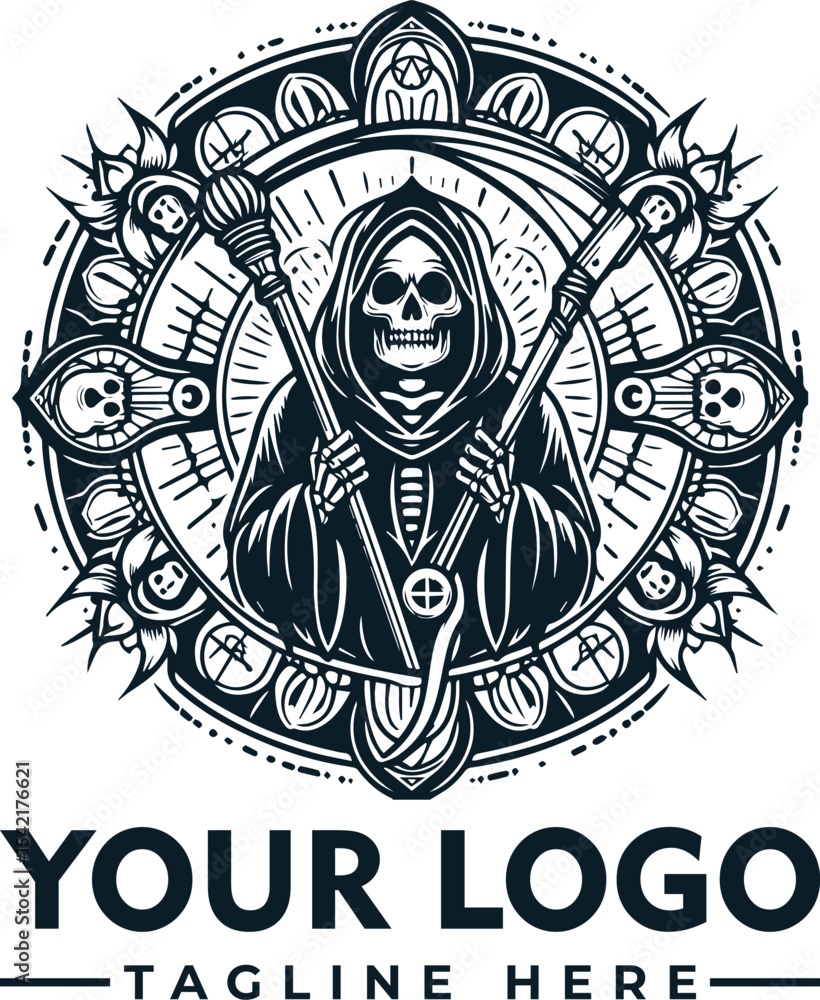 Grim Reaper illustration with a scythe and a hooded cloak, centered in a circular design. Grim Reaper illustration with a scythe and a hooded cloak, centered in a circular design.