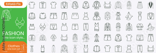 Set of line icons related to fashion, sewing, and clothing. Outline icon collection. clothes and cloth elements - minimal thin line web icon set. Outline editable icons collection. Dress,polo t-shirt