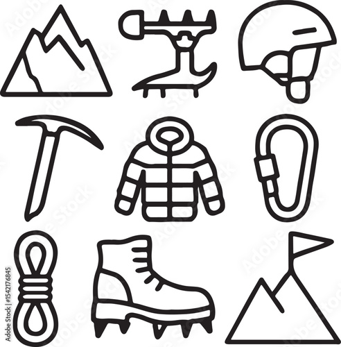 Climbing & Expedition Gear Icons – Mountains, Rope, Helmet, Jacket, Boots with Crampons, Carabiner, Ice Axe – Clean Silhouettes for Rugged Outdoor Sports and Nature Travel Design
