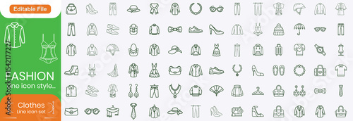 Fashion Line Editable Icons set. Containing T-shirt, shirt, dress, shoe, tie, underwear, etc. Editable stroke. Vector illustration