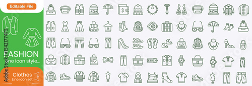 Fashion Line Editable Icons set. Containing T-shirt, shirt, dress, shoe, tie, underwear, etc. Editable stroke. Vector illustration