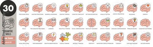 Cognitive skills - thin line icons set, colorful fill. Visual processing, logical thinking, creativity, decision-making, curiosity, time management, analytical thinking, reasoning, vector illustration