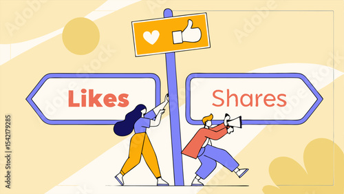 Illustration of people pushing signs for likes and shares with heart and thumbs up icons above them