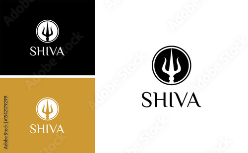 Trident Logo Design with Mythological Shiva Symbol and Geometric Emblem for Spartan Warrior Shield Identity or Vintage Trisula Poseidon Concept in Modern Vector Style