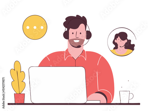 Hotline Support Agent - Man with Laptop & Headphones Vector Illustration