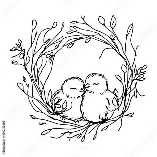 two baby birds snuggling inside floral wreath, ink hand drawn black vector on white background, concept of spring nursery art, whimsical coquette decor, children's illustration