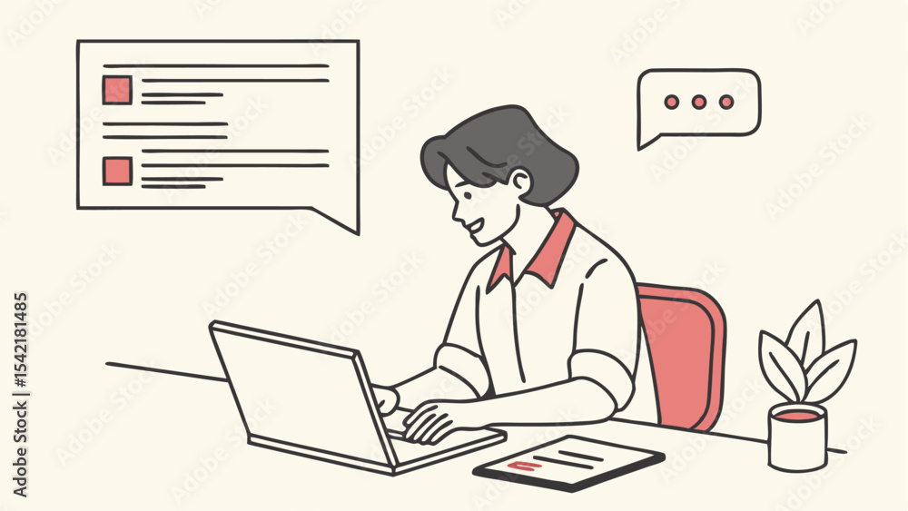 Person working on a laptop with chat bubbles, documents, and a plant on a desk in a light room Person working on a laptop with chat bubbles, documents, and a plant on a desk in a light room