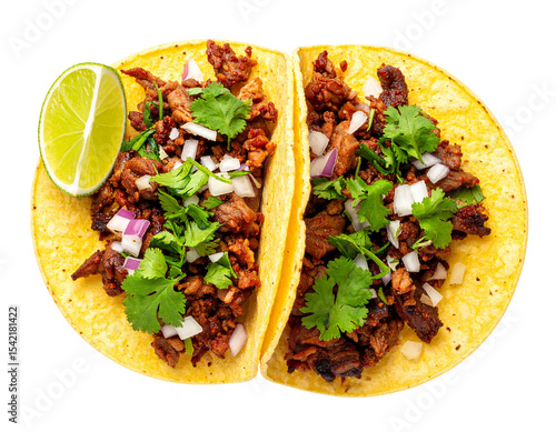 Street‑Style Tacos with Lime Wedge, Top‑Down View, Transparent Background