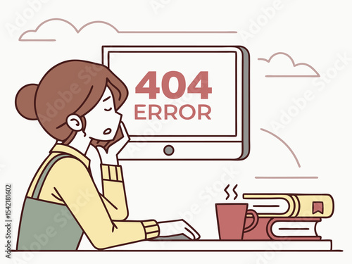Young female coder troubleshooting broken website issue with visible 404 error message window