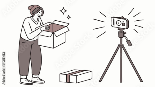 Woman unboxing product for video review with smartphone on tripod and extra box on floor nearby