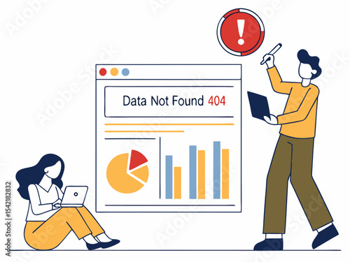 Business analytics dashboard with red error warning showing data not found 404 message
