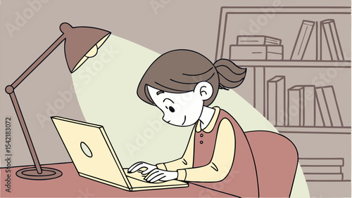 Illustration of a girl using a laptop under a lamp with a bookshelf in the background at her desk area