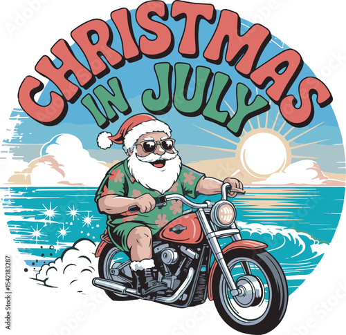 Santa Claus Summertime Motorcycle Ride Christmas in July Ocean Beach Scene Red Motorcycle Hawaiian Shirt Sunglasses