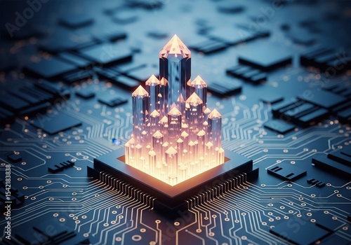 Digital Energy Core. Depicts a sophisticated microchip on a motherboard, emanating vibrant light from crystalline structures. This artwork embodies the core of intelligent data and next-generation.
