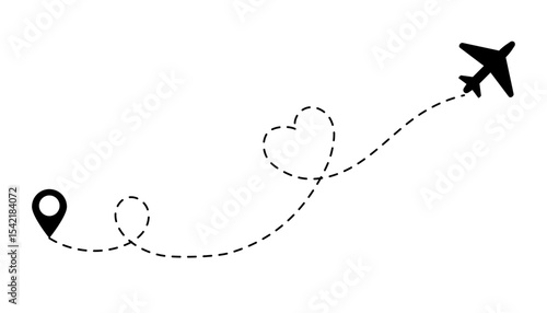 Minimalist dashed airplane travel path with map pins. Vector illustration of flight routes representing romantic trips, business travel, and journeys. Isolated on a transparent background. EPS10
