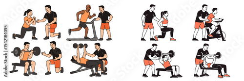 Group fitness activities showcasing strength training, cardio, and partnership exercises at a gym