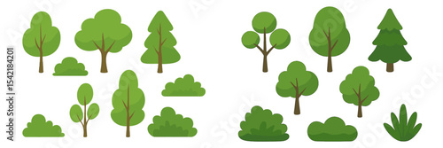 Variety of green trees and bushes illustrated in a vibrant, natural style showcasing different shapes and sizes