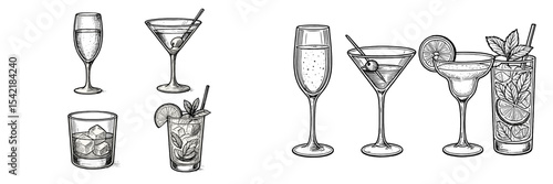 Various types of cocktails and beverages displayed elegantly on a bar counter